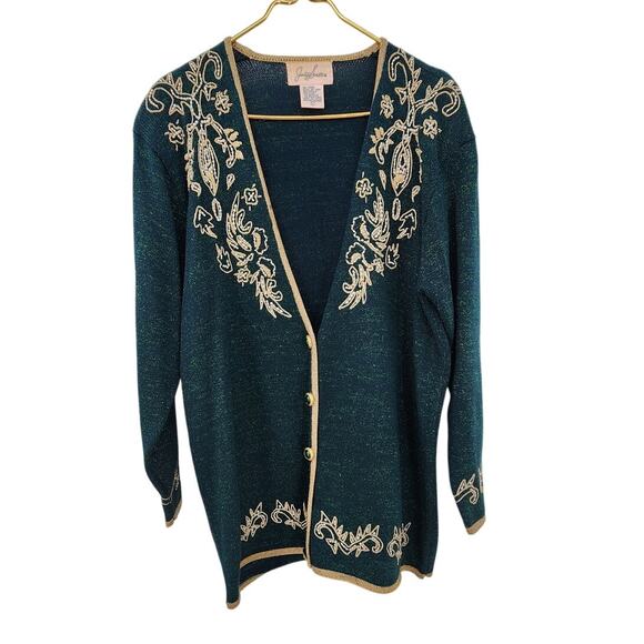 Vintage Holiday Embroidered Beaded Green & Gold Sweater Size Large - Picture 1 of 8